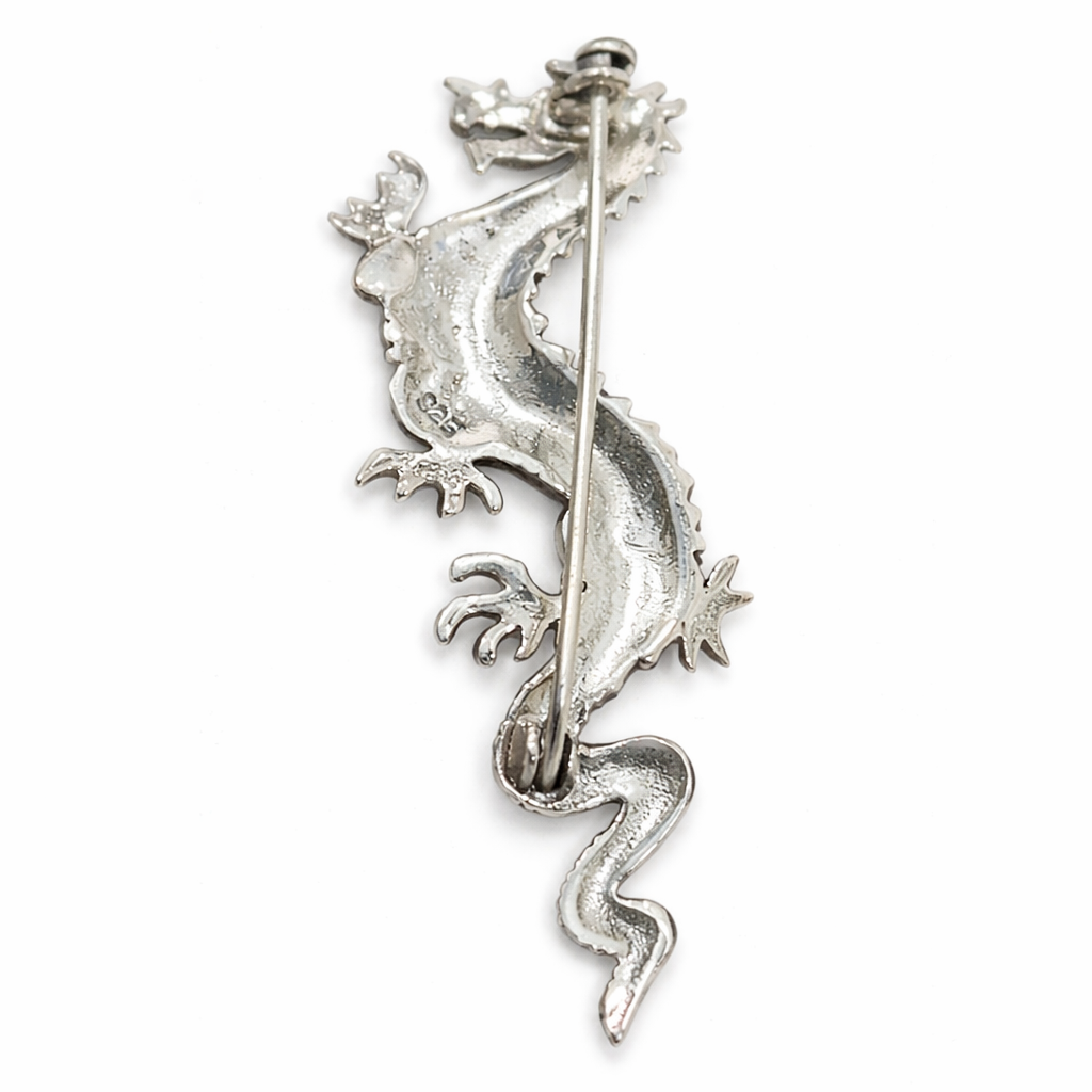 Sterling Silver Dragon Brooch Pin – Vintage Asian Style Dragon Jewelry – Approx. 2 Inch Long