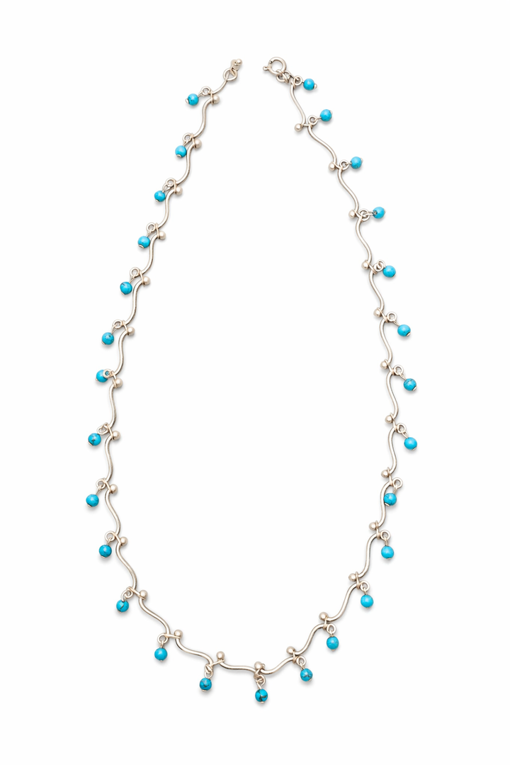Vintage Sterling Silver Turquoise Bead Necklace – 16 Inch Silver Link Necklace with 27 Turquoise Balls