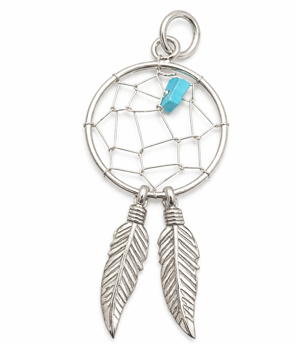 Sterling Silver Dreamcatcher Pendant with Turquoise – 1.6 Inch Dream Catcher Necklace Charm with Feather Dangles