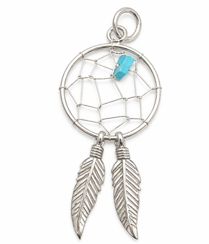 Sterling Silver Dreamcatcher Pendant with Turquoise – 1.6 Inch Dream Catcher Necklace Charm with Feather Dangles