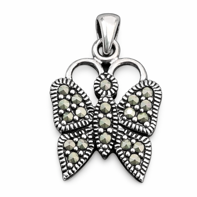 Sterling Silver Marcasite Butterfly Pendant – 0.75 Inch Vintage Style Butterfly Charm