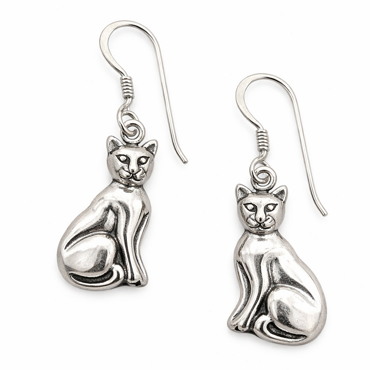 Sterling Silver Cat Dangle Earrings – 0.9 Inch Tall Sitting Cat Earrings with French Hooks