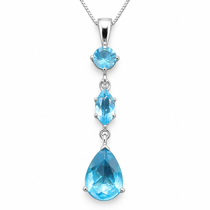 Sky Blue Topaz Pendant Necklace Sterling Silver – 1.5" Drop with Round, Marquise & Pear Sky Blue Topaz Stones on 16" Box Chain