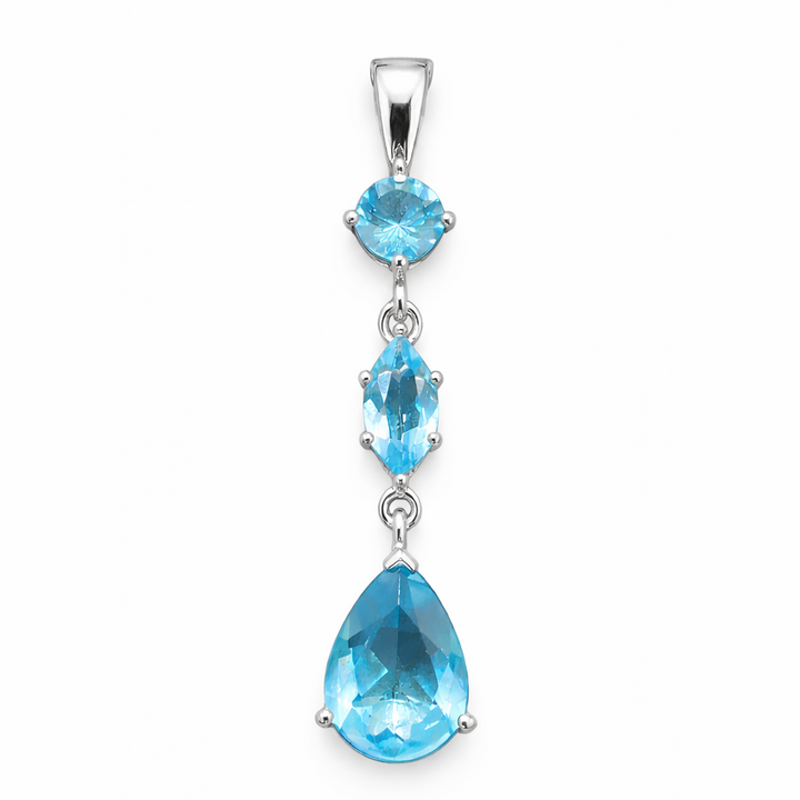 Sky Blue Topaz Pendant Necklace Sterling Silver – 1.5" Drop with Round, Marquise & Pear Sky Blue Topaz Stones on 16" Box Chain