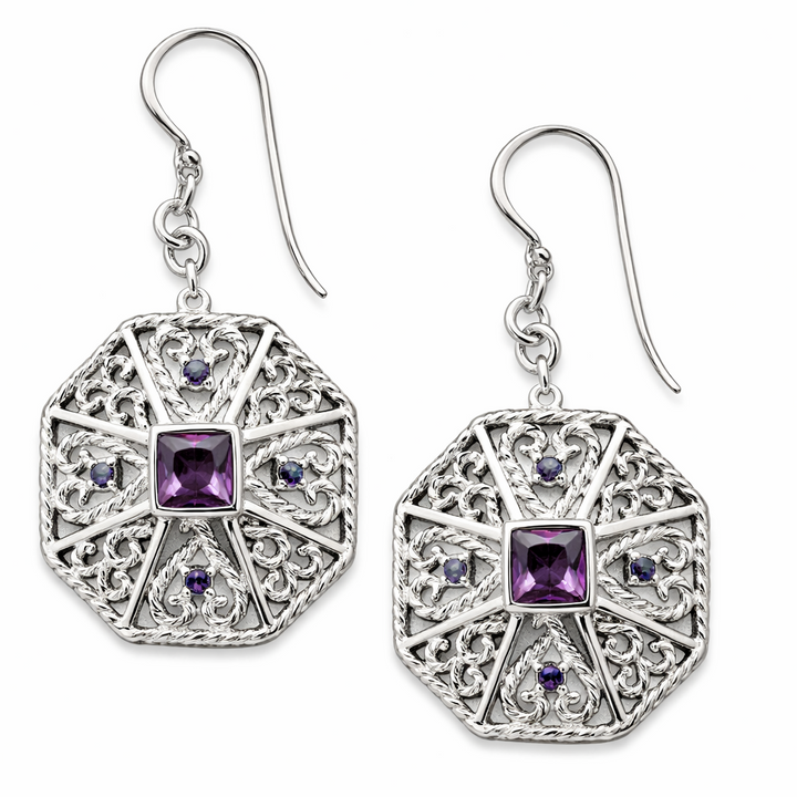 Sterling Silver Amethyst Filigree Drop Earrings – 6mm Square Center Stone with Accent Stones – 1 Inch Dangle – Vintage Style February Birthstone Jewelry