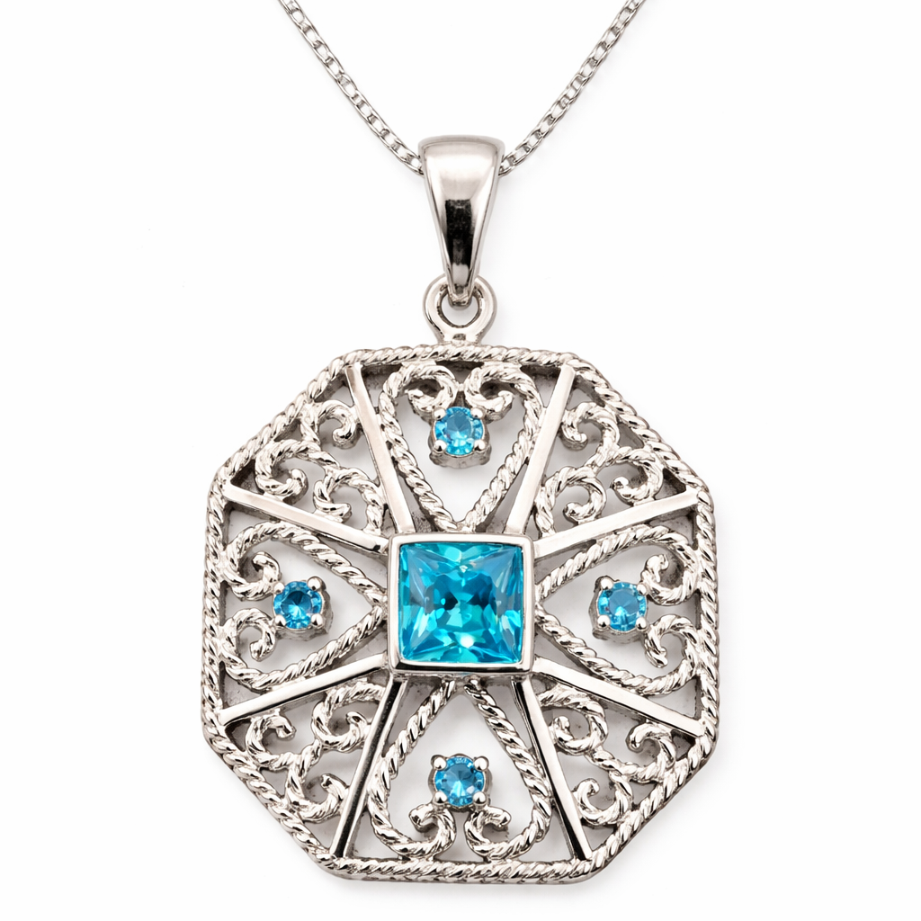 Sterling Silver Blue Topaz Filigree Pendant – 6mm Square Center & 1mm Accent Stones – 1 Inch Drop – Vintage Style Blue Gemstone Necklace