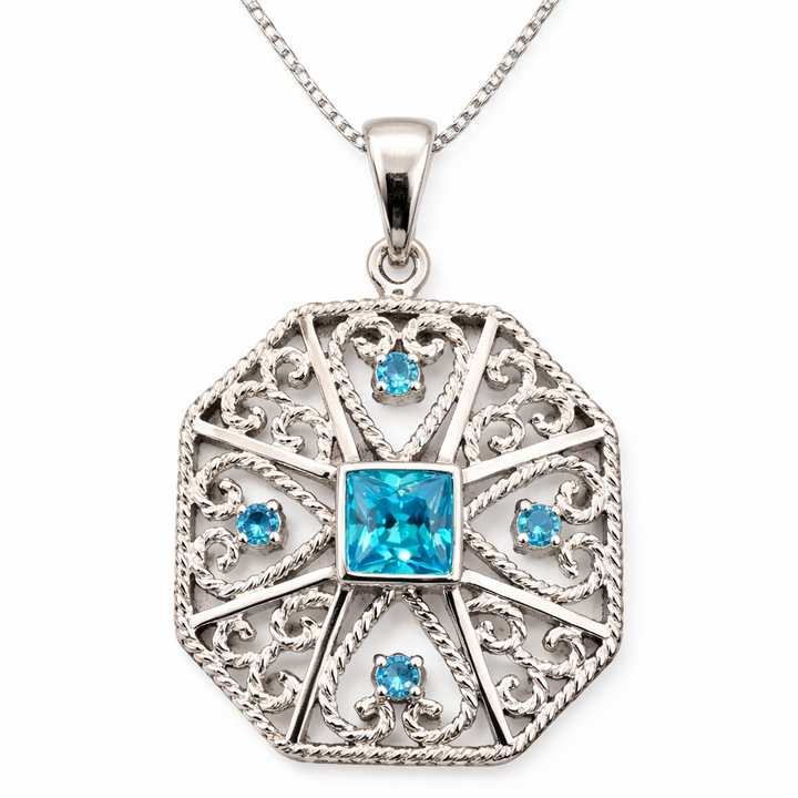 Sterling Silver Blue Topaz Filigree Pendant – 6mm Square Center & 1mm Accent Stones – 1 Inch Drop – Vintage Style Blue Gemstone Necklace