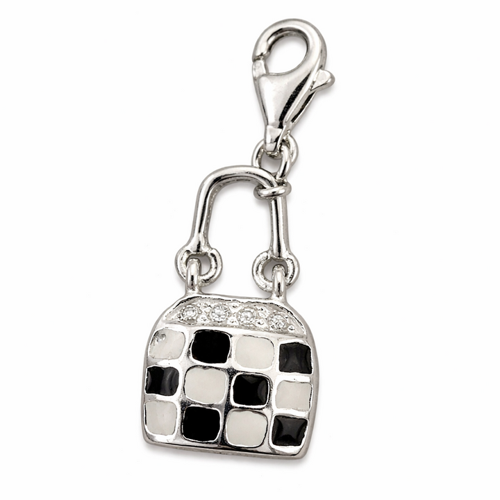 Sterling Silver Handbag Charm Pendant with Clasp – 1.1 Inch Drop Black & White Enamel