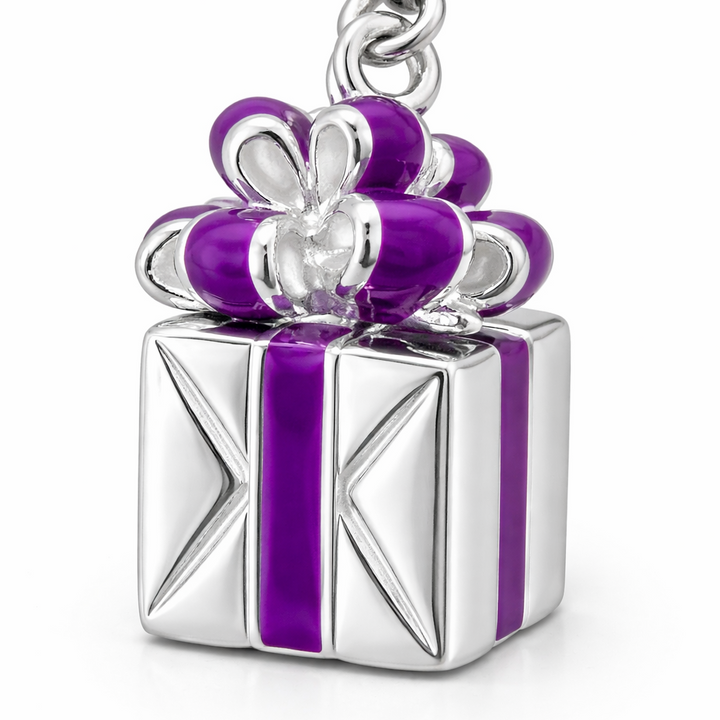 Sterling Silver Gift Box Charm Pendant 1.15 Inch with Bail – Purple Enamel Present Charm, Birthday Gift Jewelry, Christmas Charm, Bracelet or Necklace Pendant