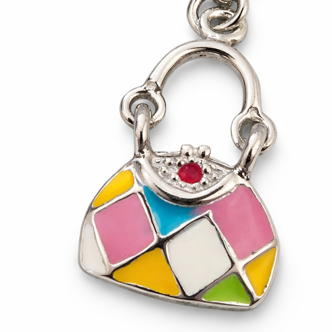 Sterling Silver Handbag Charm Pendant – Multicolor Enamel Purse Design, 1.4 Inch Drop with Lobster Clasp