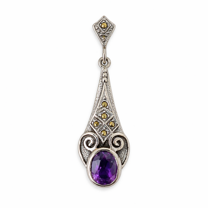 Vintage Sterling Silver Amethyst & Marcasite Dangle Earrings – 10×7 mm Oval Amethyst – 1.85" Long Art Deco Style
