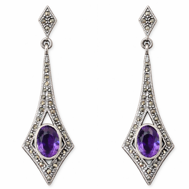 Vintage-Style Sterling Silver Marcasite Dangle Earrings with 10 x 8 mm Amethyst – 2 Inch Drop