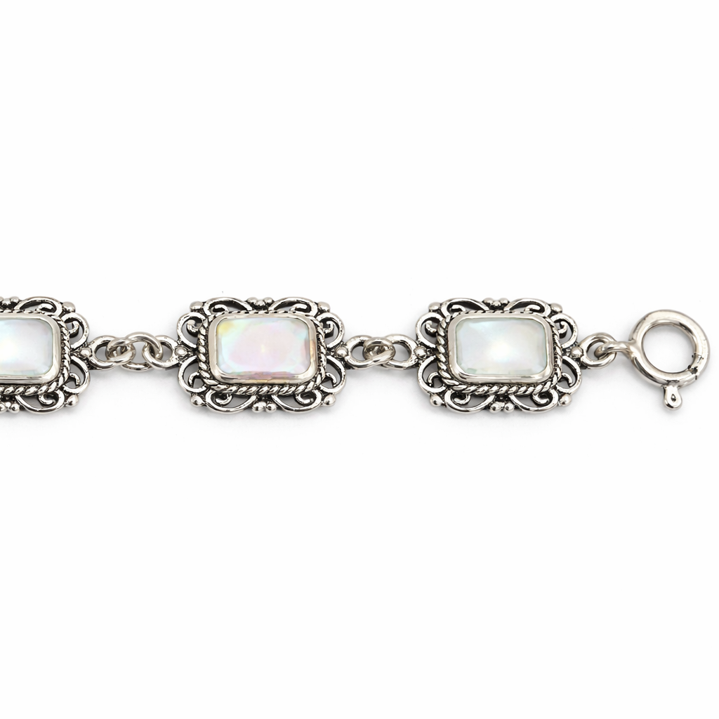 7 3/4 Inch Sterling Silver Mother of Pearl Filigree Bracelet – Vintage Style Link Bracelet