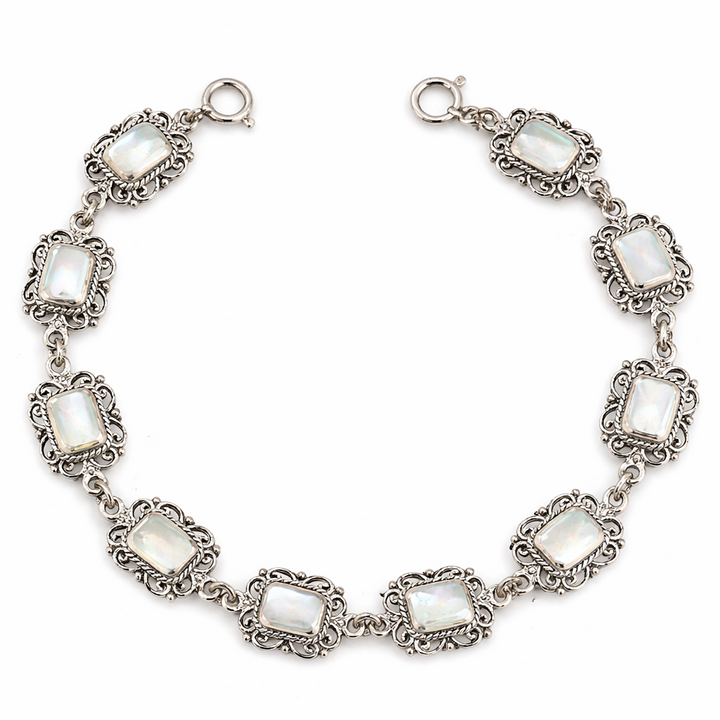 7 3/4 Inch Sterling Silver Mother of Pearl Filigree Bracelet – Vintage Style Link Bracelet