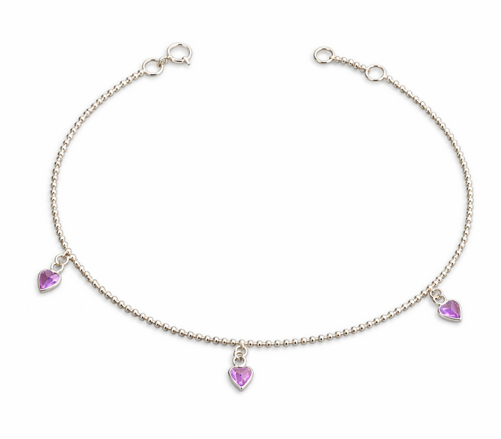 Sterling Silver Amethyst Heart Charm Anklet – Adjustable 9.5 to 10 Inch Beaded Chain Anklet