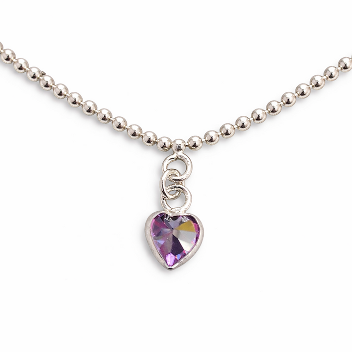 Sterling Silver Amethyst Heart Charm Anklet – Adjustable 9.5 to 10 Inch Beaded Chain Anklet