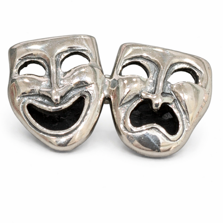 Sterling Silver Comedy and Tragedy Mask Brooch – Theater Drama Pin, 1.3" Wide
