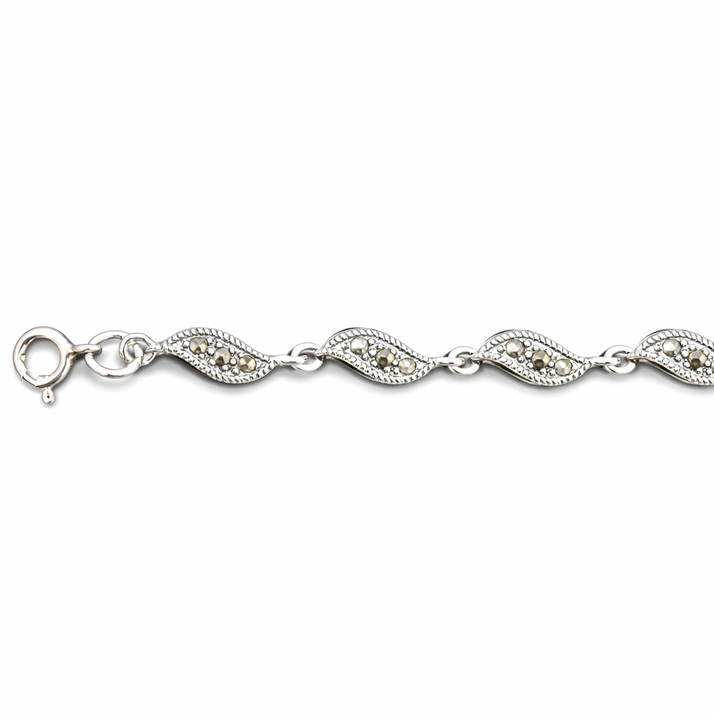 Sterling Silver Marcasite Marquise Link Bracelet – 7 3/4 Inch Vintage Style Bracelet