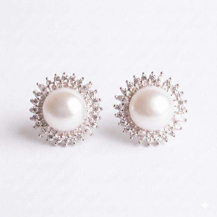 9 mm White Button Pearl Sunburst Earrings in Sterling Silver with Diamond Simulants