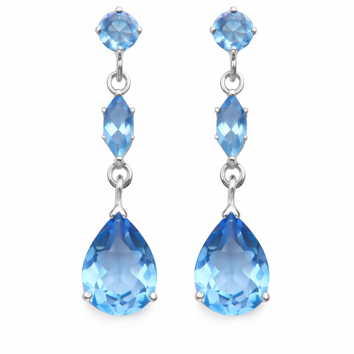 Sterling Silver Sky Blue Topaz Three-Stone Dangle Earrings – Pear, Marquise & Round Cut – 1.25 Inch Drop