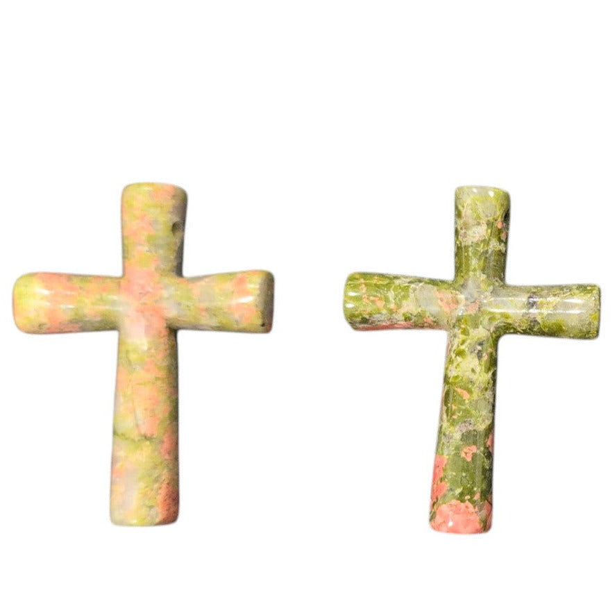 Natural Unakite Cross Pendant 1.6 Inch – Green And Pink Gemstone Cross With Top Hole – Carved Unakite Stone Pendant