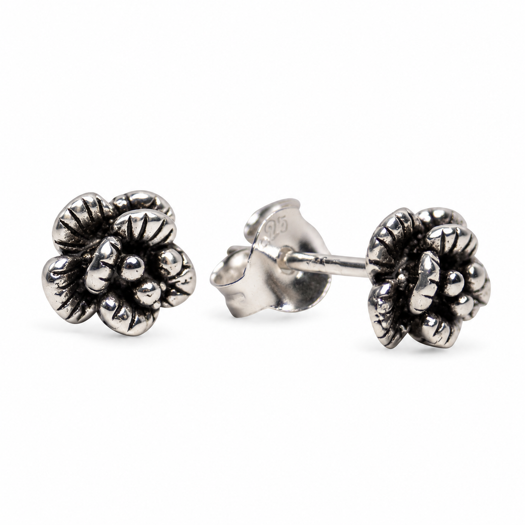 Oxidized Sterling Silver Flower Stud Earrings – Detailed 0.25-Inch Floral Earrings with Push-Back Closures