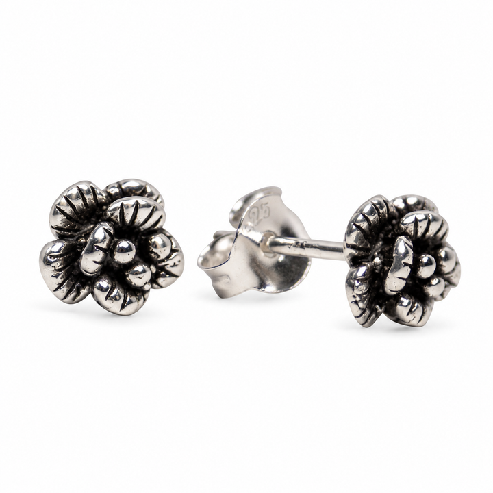 Oxidized Sterling Silver Flower Stud Earrings – Detailed 0.25-Inch Floral Earrings with Push-Back Closures