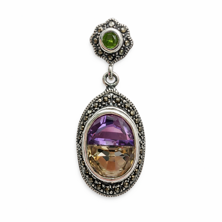 Sterling Silver Ametrine & Peridot Marcasite Dangle Earrings – 13×10mm Oval Ametrine – 12.5 Carat Total Weight