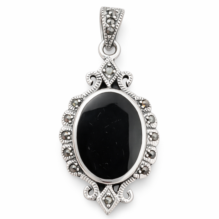 Sterling Silver Black Onyx & Marcasite Vintage Style Pendant – Oval Onyx Statement Necklace Charm (1.75" with Bail)