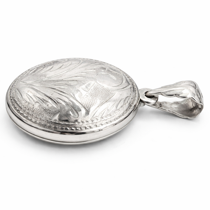 Sterling Silver Oval Locket Pendant – 1.35 Inch Engraved Floral Locket with Bail