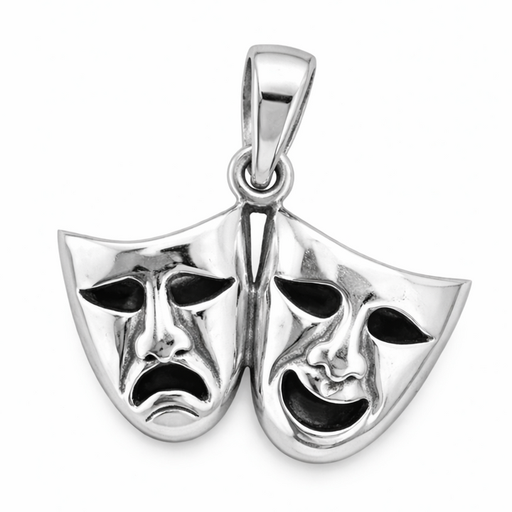 Sterling Silver Comedy & Tragedy Mask Pendant – 1" Theater Drama Pendant Charm