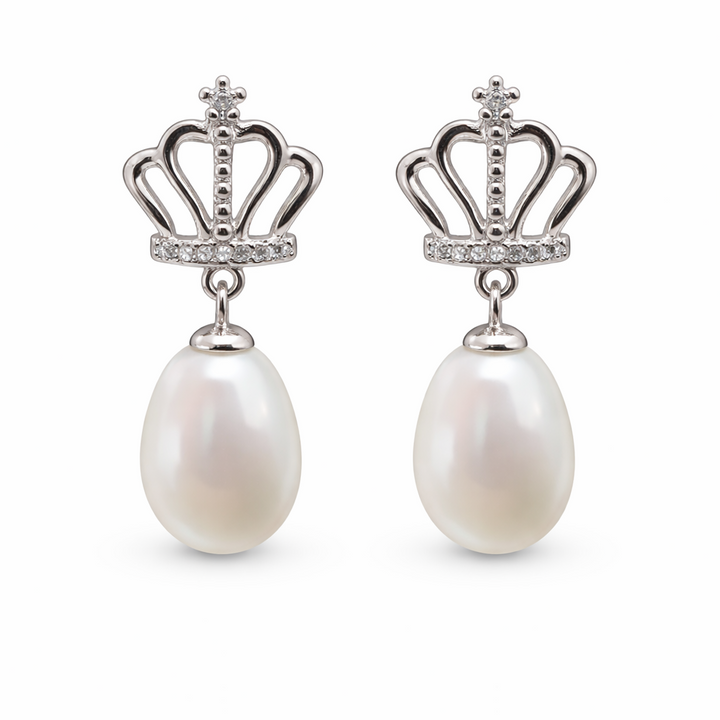 9 mm White Pearl Crown Earrings in Sterling Silver – Royal Crown Design