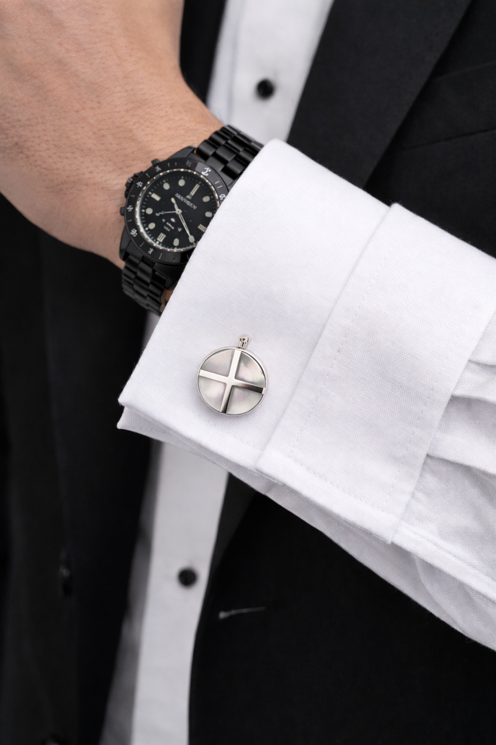 Sterling Silver Mother of Pearl Cross Cufflinks – 0.50 Inch Diameter