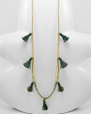 Crystal & Brass Tassel Necklace in Green