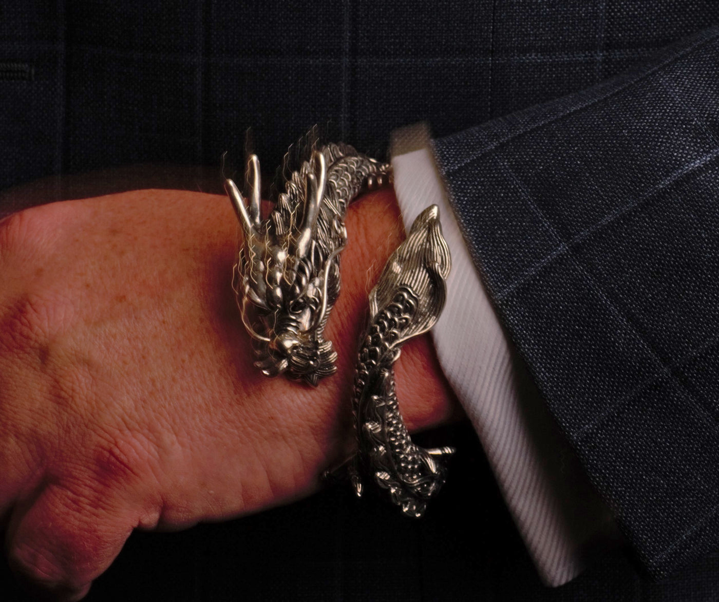 Dragon & Tail Hinged Silver Bracelet