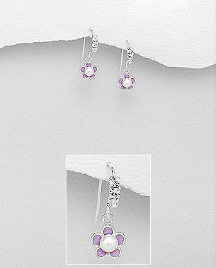 Created Pearl Flower Dangle Earrings