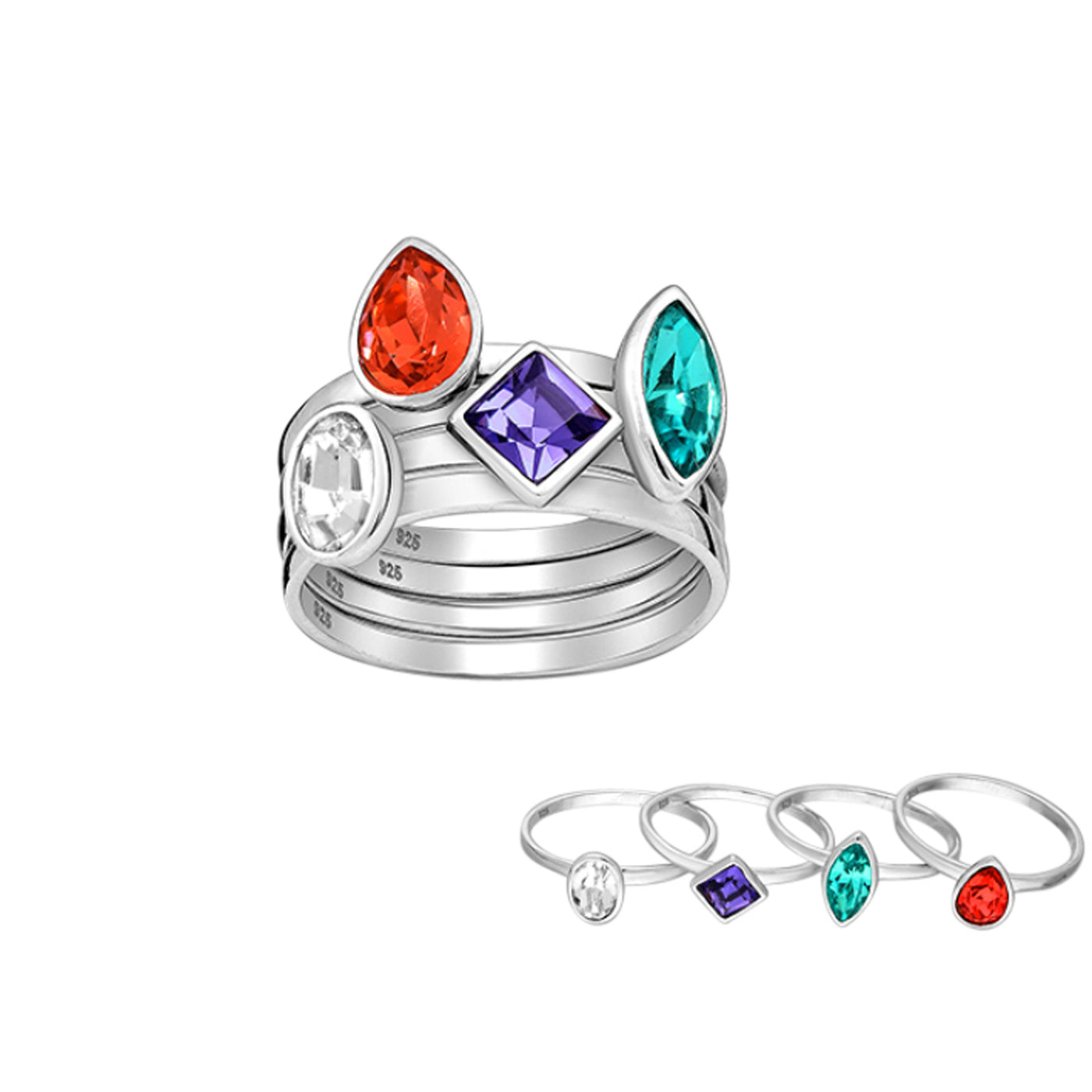 Stackable Austrian Crystal Silver Rings