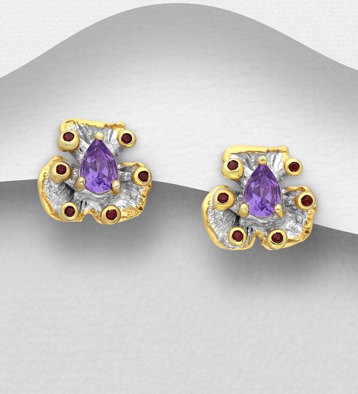 Amethyst & Red Sapphire Silver Earrings