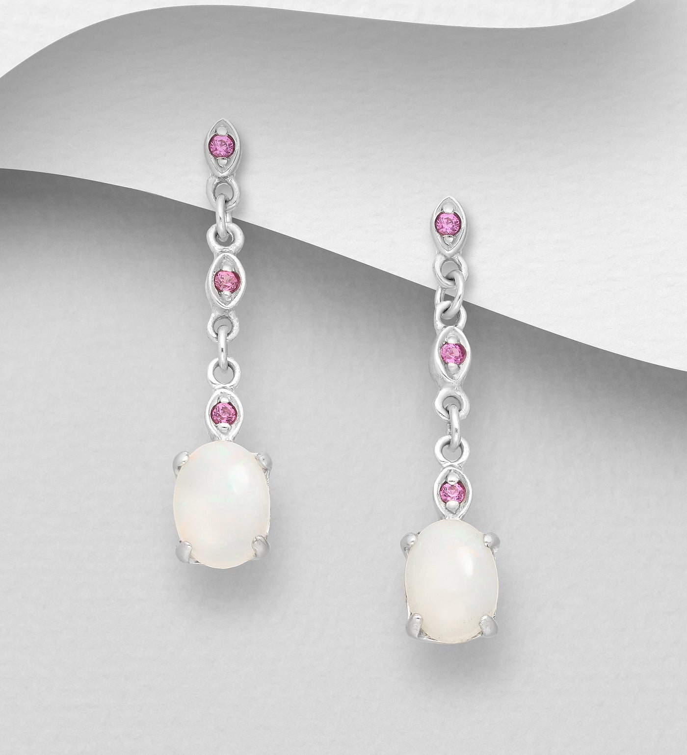 Opal & Rhodolite Sterling Silver Chain Dangle Earrings