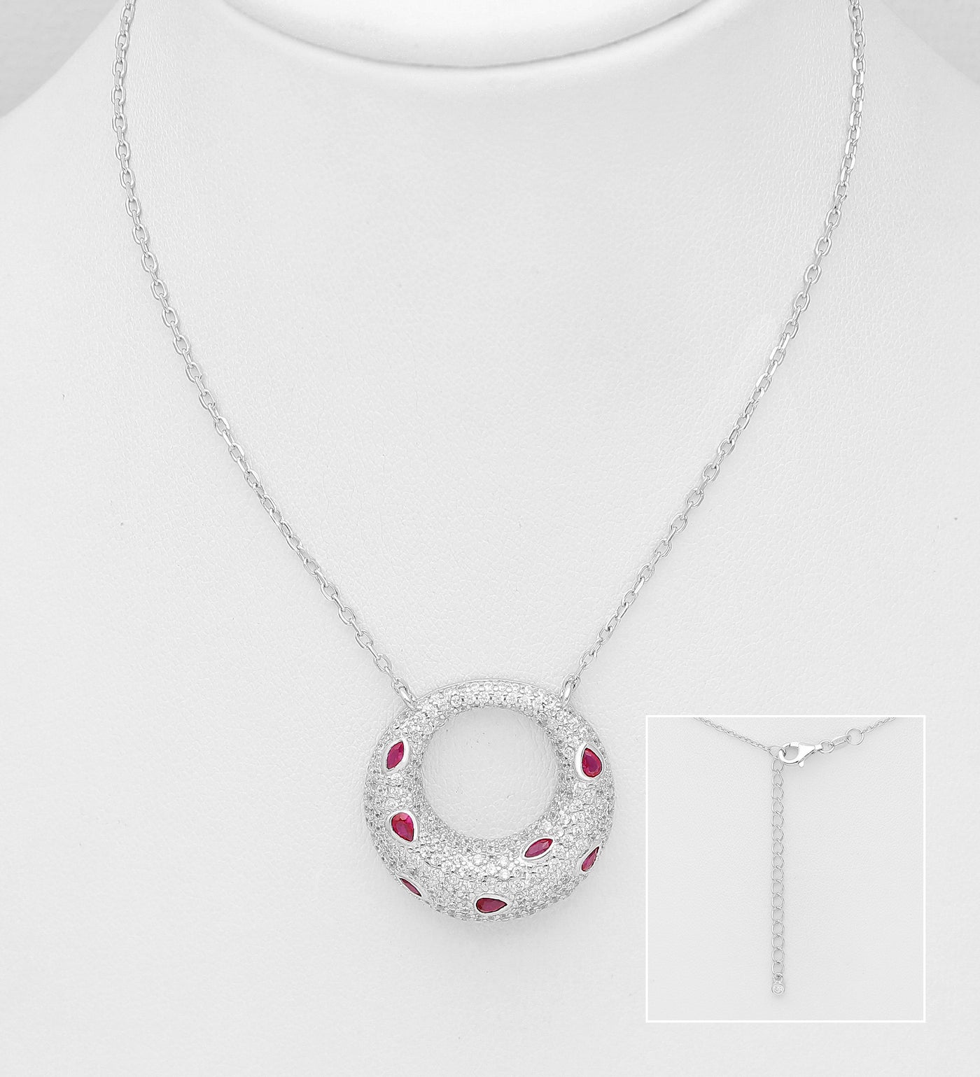 Ruby & Simulated Diamonds Silver Necklace
