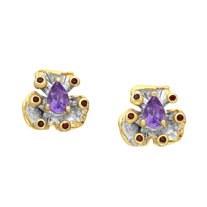 Amethyst & Red Sapphire Silver Earrings