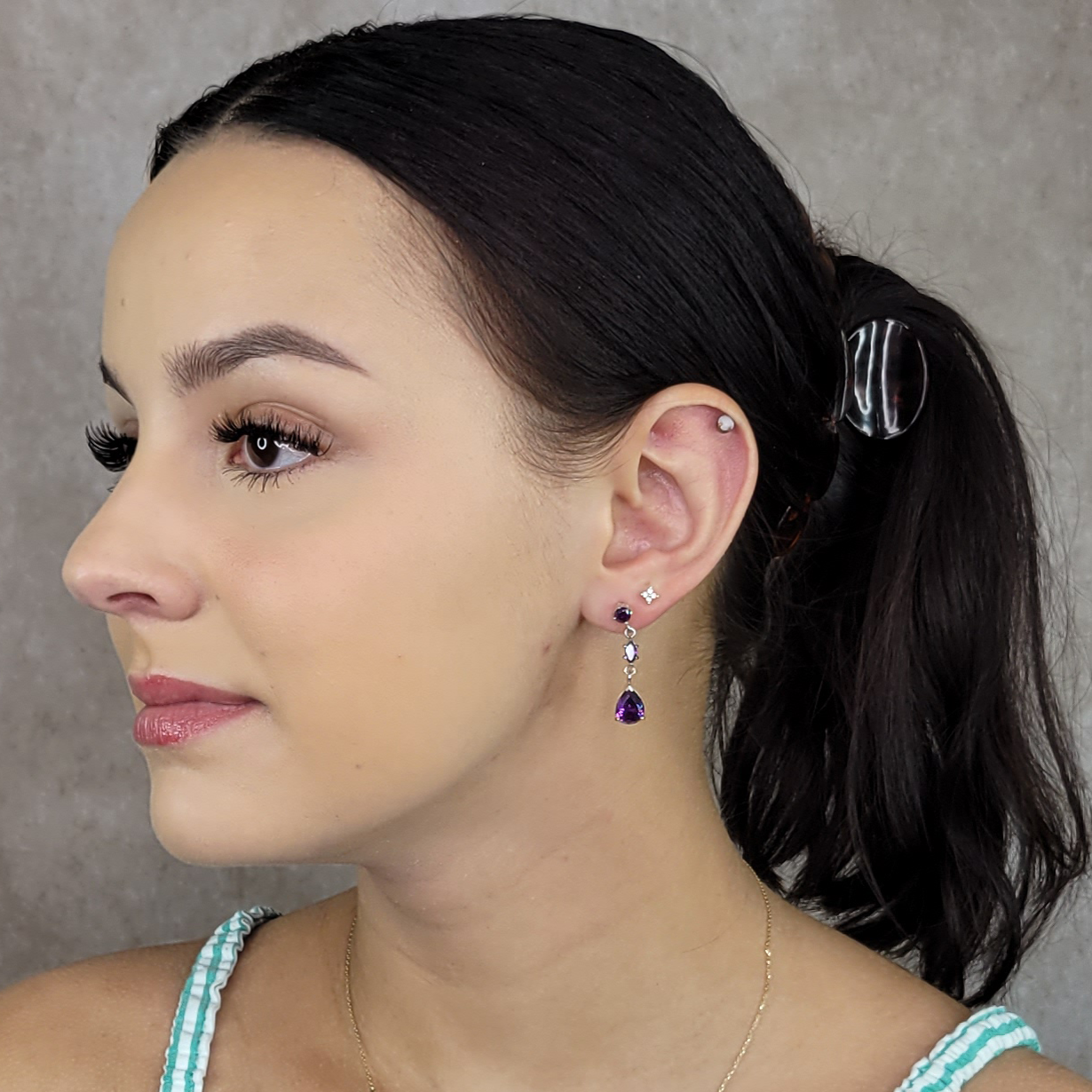 Silver Three-Stone Amethyst Earrings
