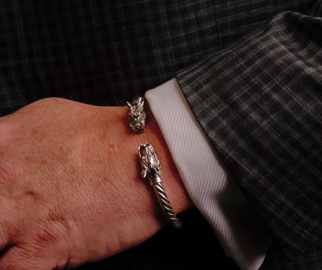 Double-Dragon Head Cuff Silver Bracelet