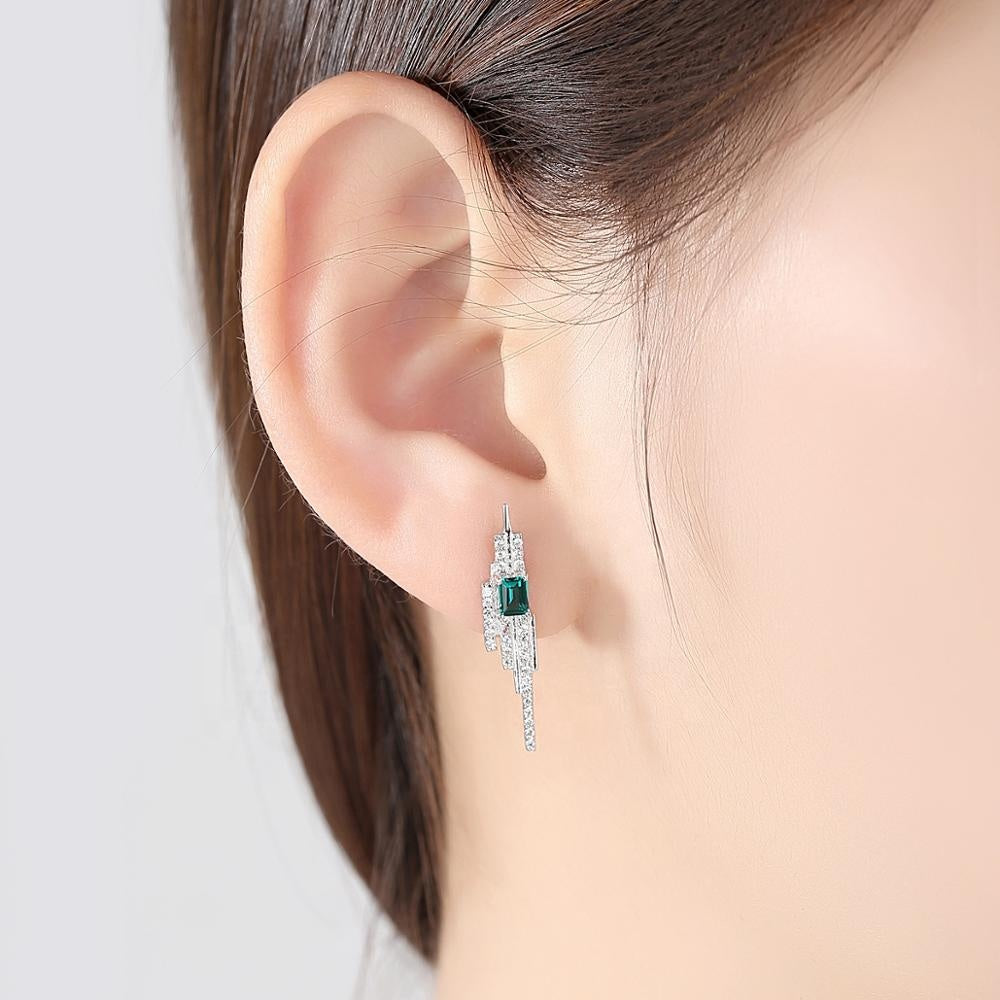Emerald Simulant Silver Deco Earrings