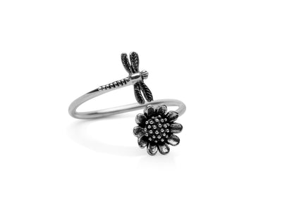 Dragonfly & Sunflower Silver Ring
