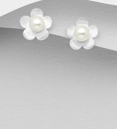 Created Pearl Flower Silver Earrings