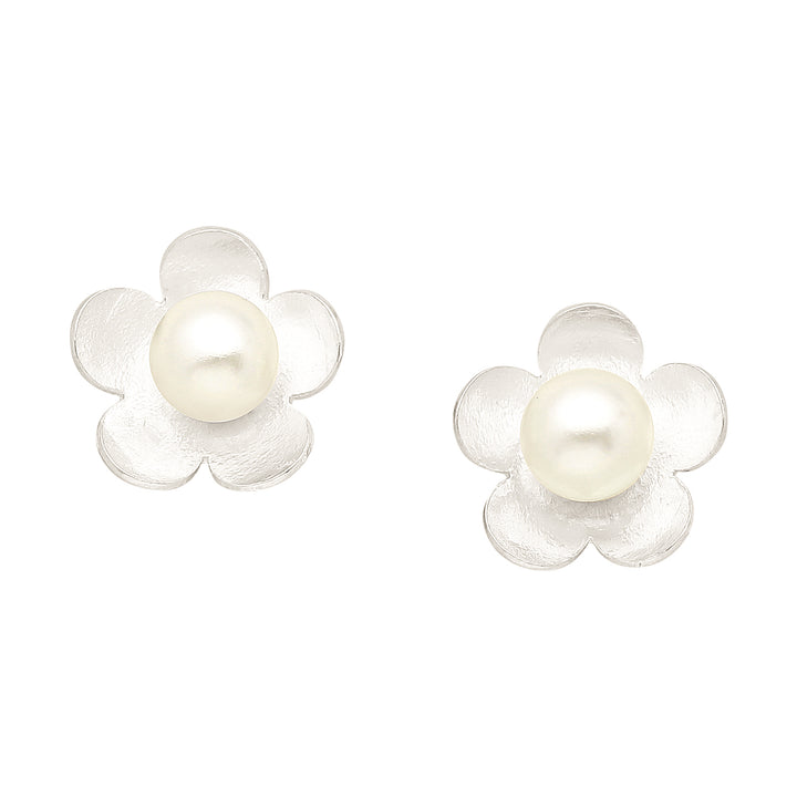 Created Pearl Flower Silver Earrings