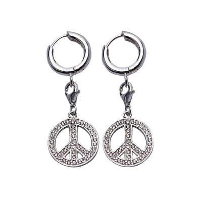 Crystal Peace Sign Charm Silver Earrings | SilverAndGold