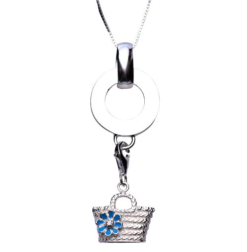 Sterling and Blue Enamel Bucket Tote Sterling Silver Pendant Necklace - SilverAndGold.com Silver And Gold