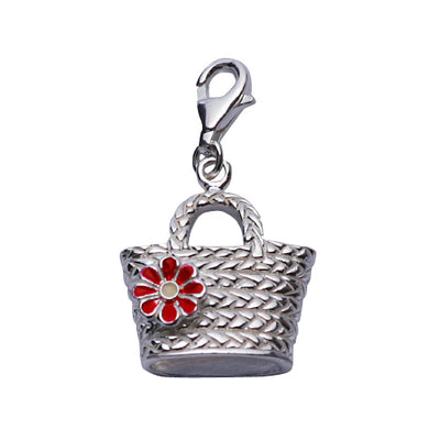 Sterling Silver Mesh Bucket Handbag with Red Flower Detail in Enamel - SilverAndGold.com Silver And Gold